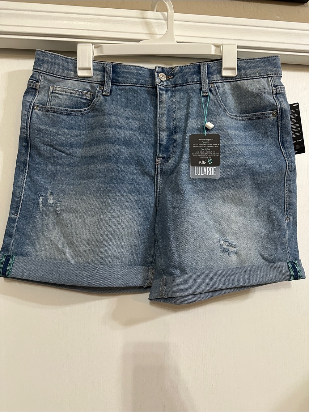 LuLaRoe Boyfriend Medium Blue Distressed Rolled Hem Denim Shorts